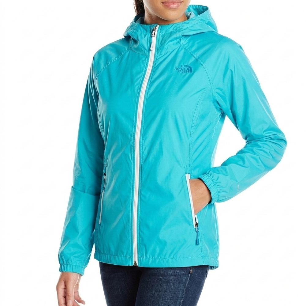 North Face XS Womens Windbreaker Jacket Aqua Blue Lightweight Rain Coat Full Zip
